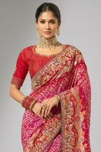 Magenta Pink Pure Georgette Bandhej Embroidered Saree with Cutdana Work Border