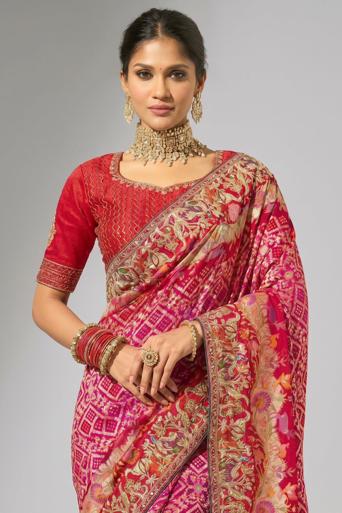 Magenta Pink Pure Georgette Bandhej Embroidered Saree with Cutdana Work Border