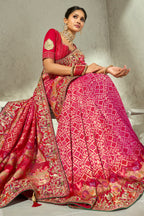 Magenta Pink Pure Georgette Bandhej Embroidered Saree with Cutdana Work Border
