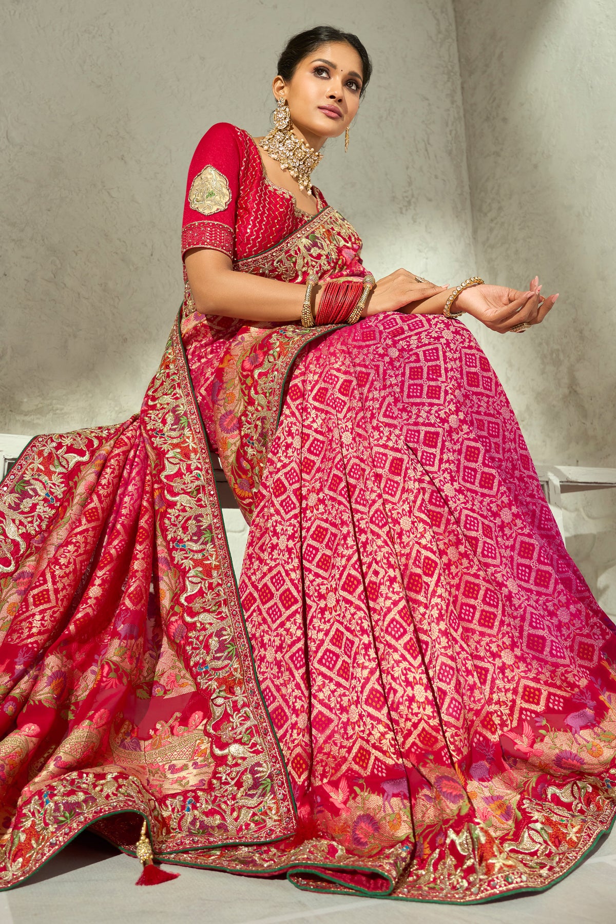 Magenta Pink Pure Georgette Bandhej Embroidered Saree with Cutdana Work Border