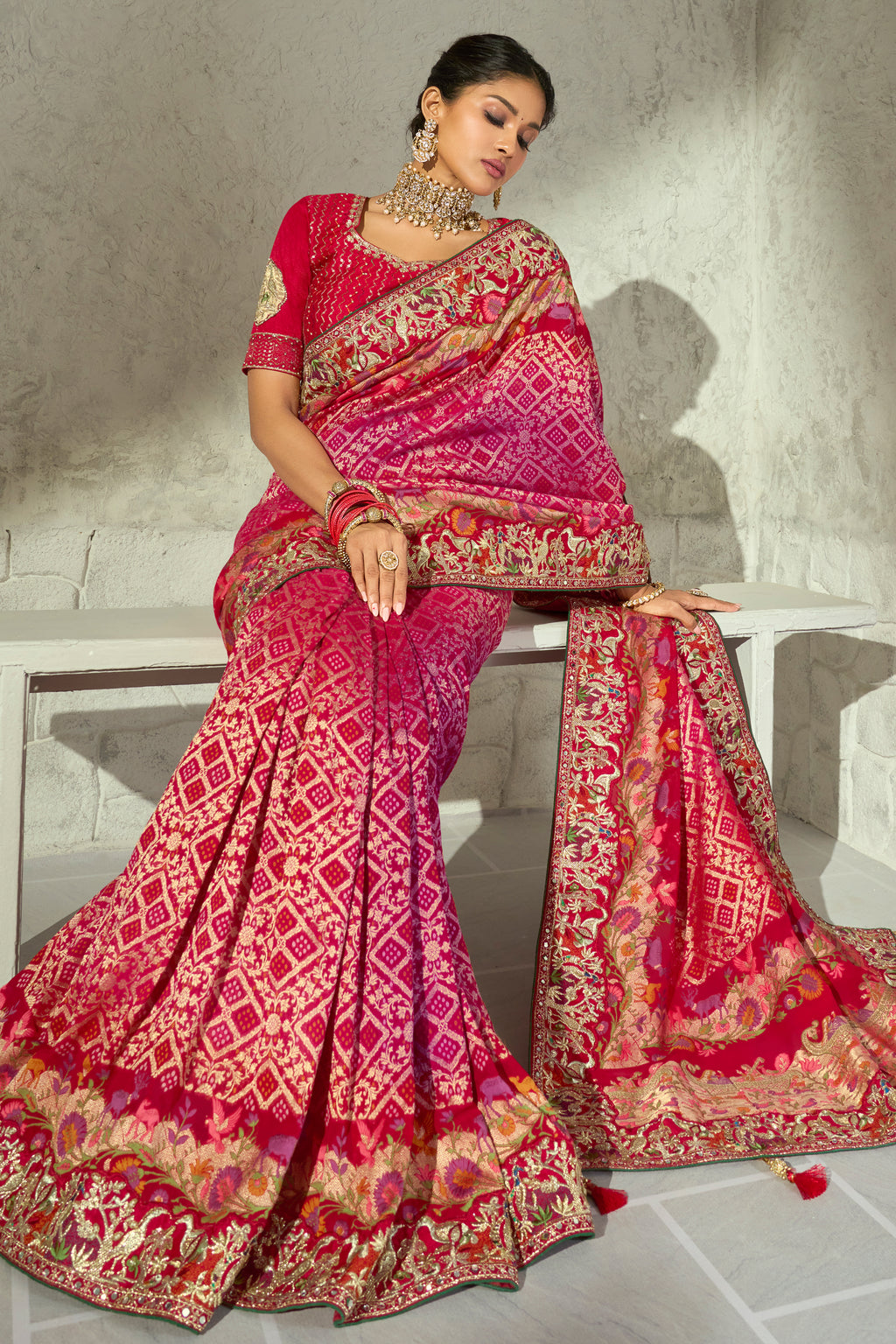 Magenta Pink Pure Georgette Bandhej Embroidered Saree with Cutdana Work Border