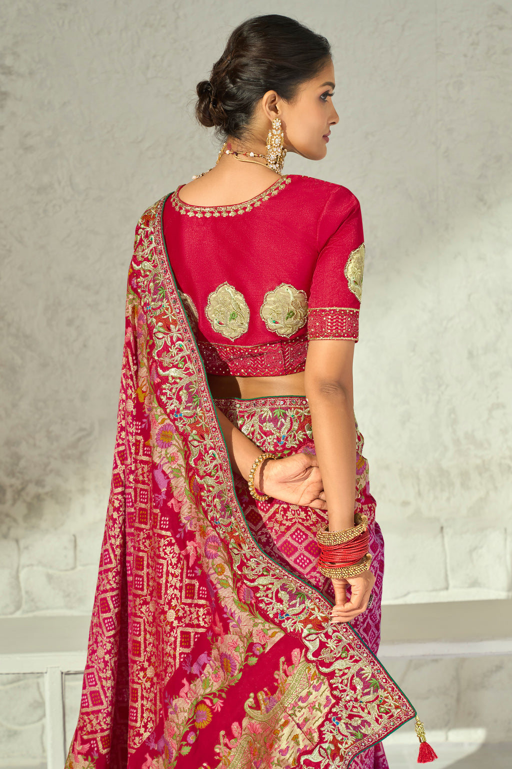 Magenta Pink Pure Georgette Bandhej Embroidered Saree with Cutdana Work Border