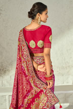 Magenta Pink Pure Georgette Bandhej Embroidered Saree with Cutdana Work Border