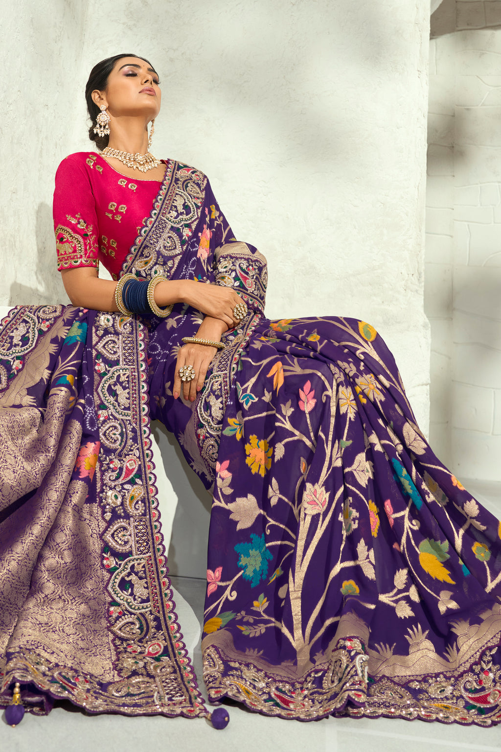 Deep Purple Pure Georgette Bandhej Saree with Heavy Handwork Border