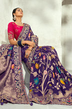 Deep Purple Pure Georgette Bandhej Saree with Heavy Handwork Border