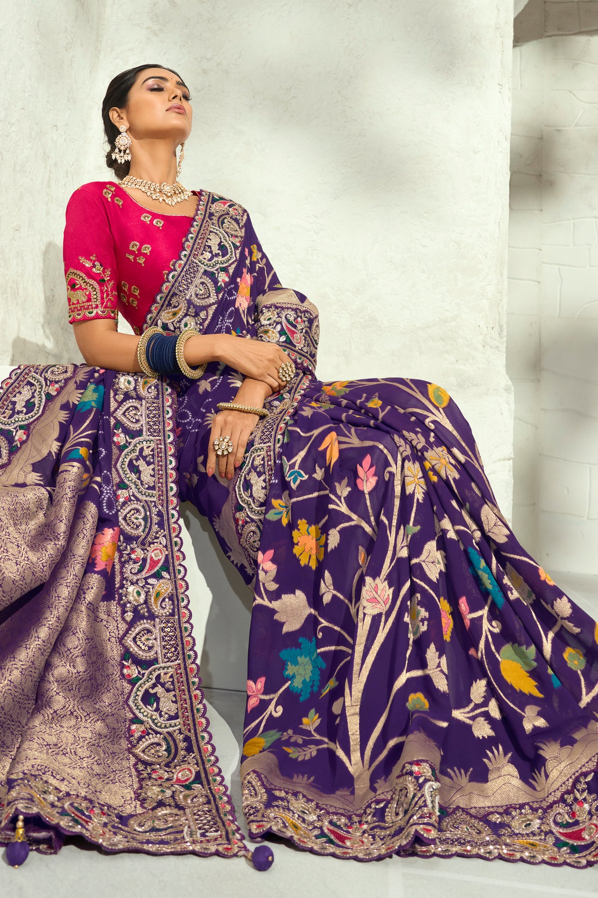 Deep Purple Pure Georgette Bandhej Saree with Heavy Handwork Border