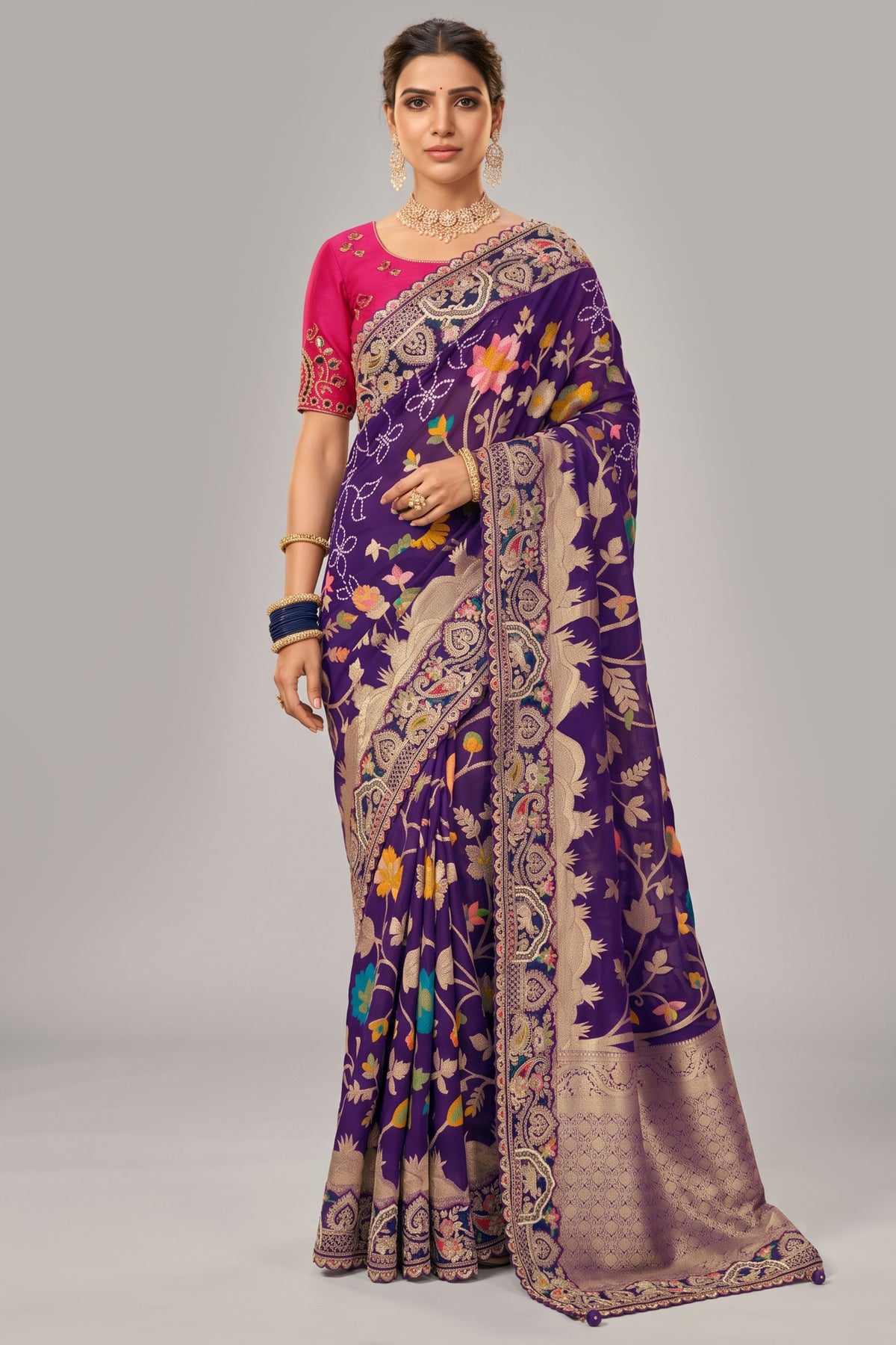 Deep Purple Pure Georgette Bandhej Saree with Heavy Handwork Border