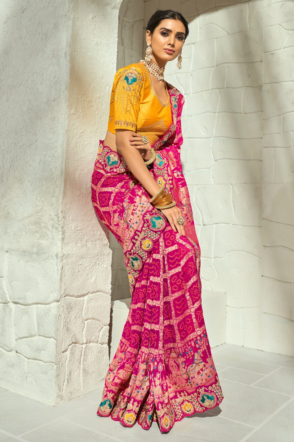 Rani Pink Pure Georgette Bandhej Saree with Contrast Yellow Blouse & Heavy Moti Work