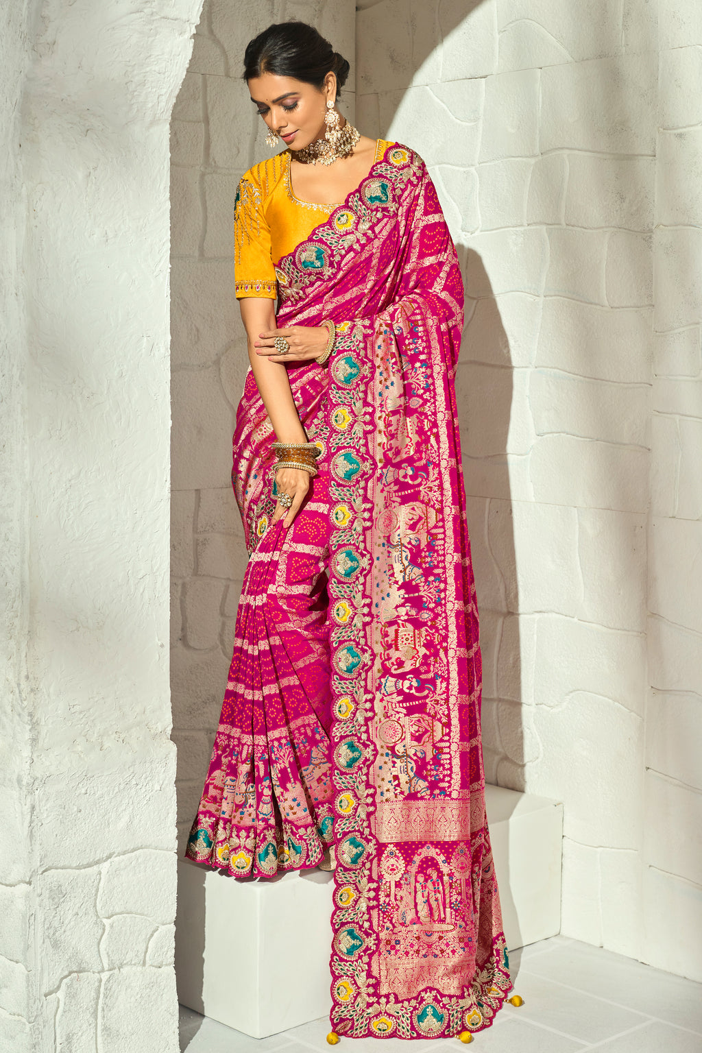 Rani Pink Pure Georgette Bandhej Saree with Contrast Yellow Blouse & Heavy Moti Work