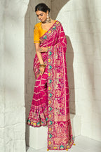 Rani Pink Pure Georgette Bandhej Saree with Contrast Yellow Blouse & Heavy Moti Work