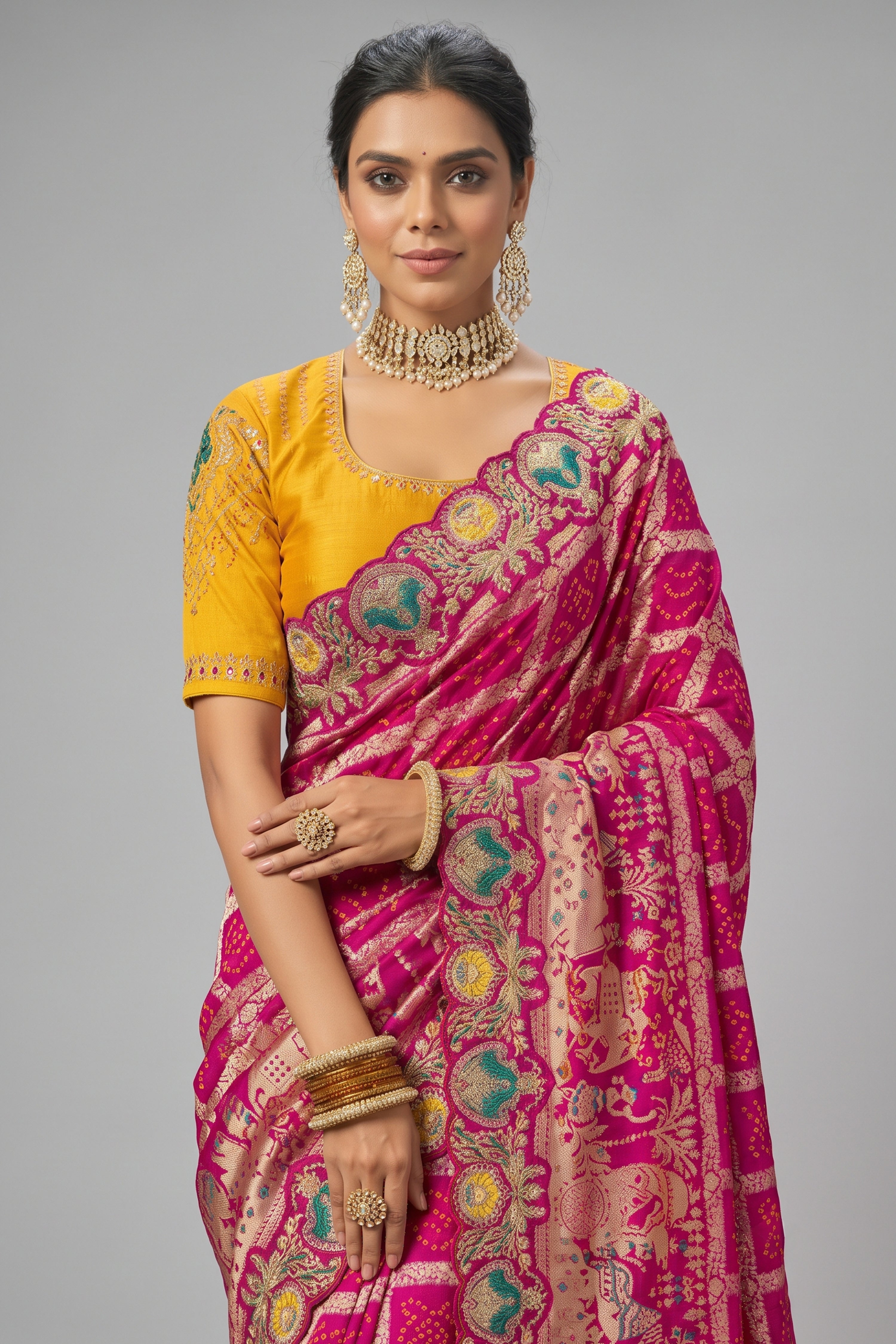 Rani Pink Pure Georgette Bandhej Saree with Contrast Yellow Blouse & Heavy Moti Work Secondary image