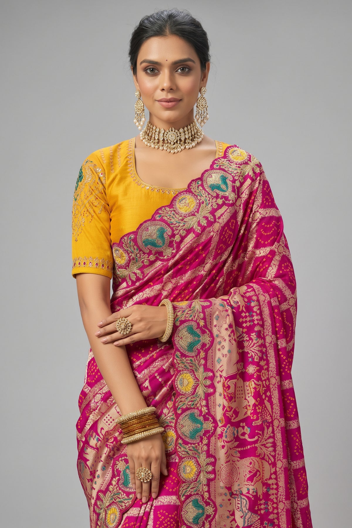 Rani Pink Pure Georgette Bandhej Saree with Contrast Yellow Blouse & Heavy Moti Work