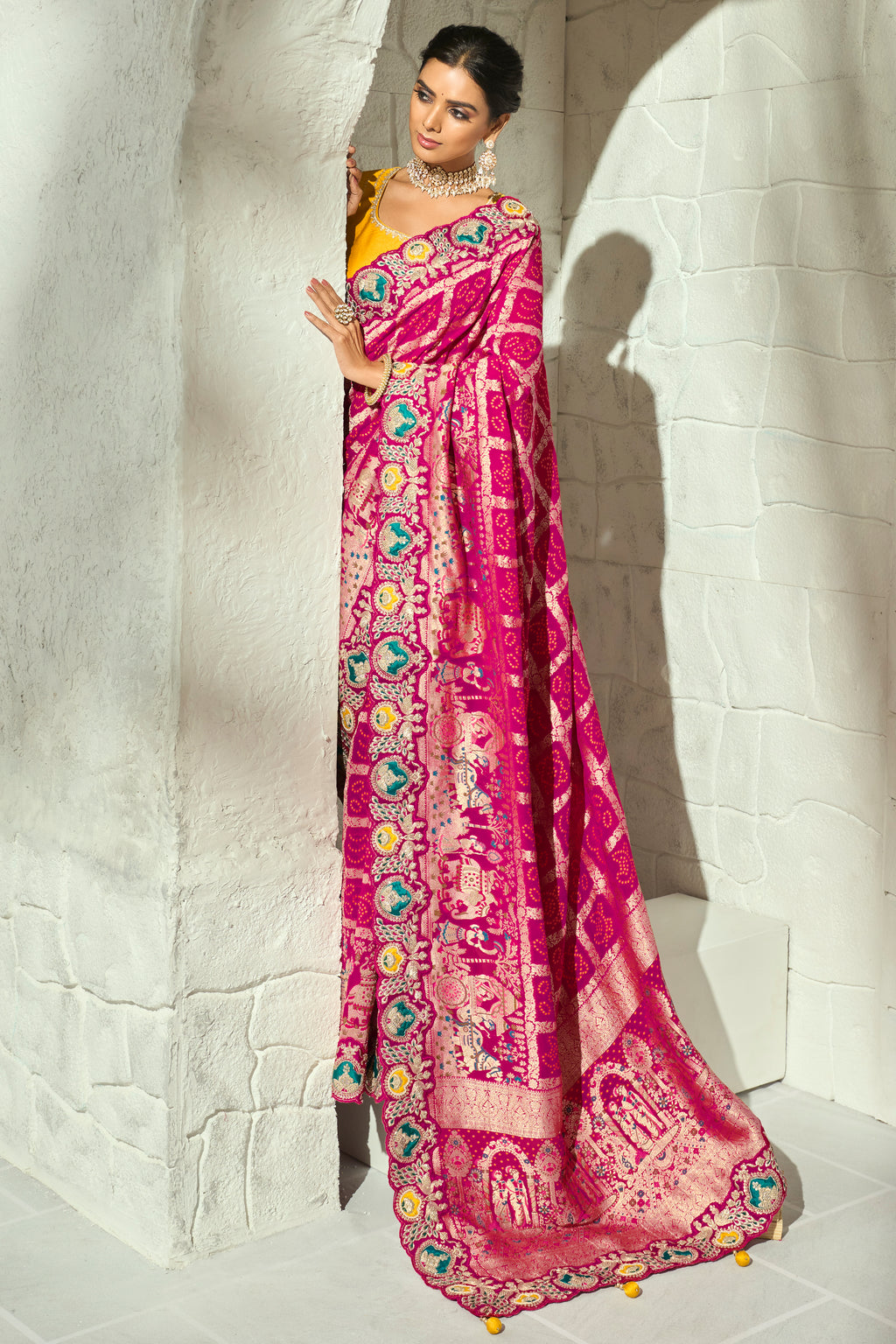 Rani Pink Pure Georgette Bandhej Saree with Contrast Yellow Blouse & Heavy Moti Work