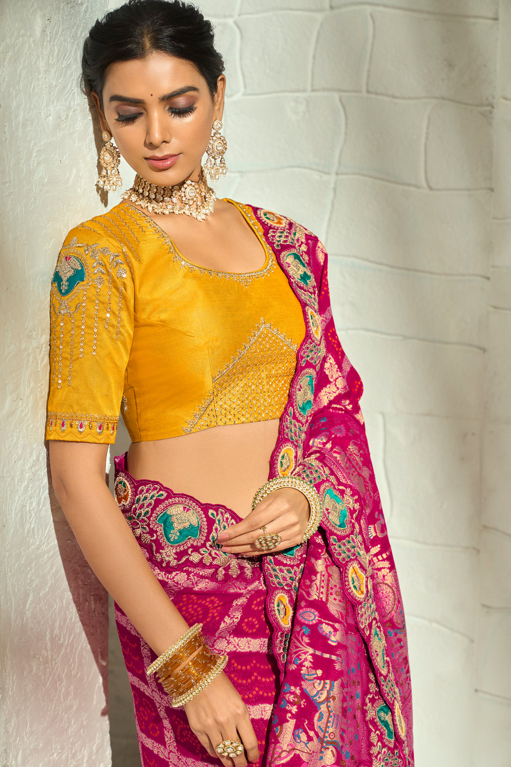 Rani Pink Pure Georgette Bandhej Saree with Contrast Yellow Blouse & Heavy Moti Work