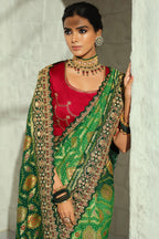 Deep Green Bandhej Pure Georgette Saree with Heavy Handwork Embroidery