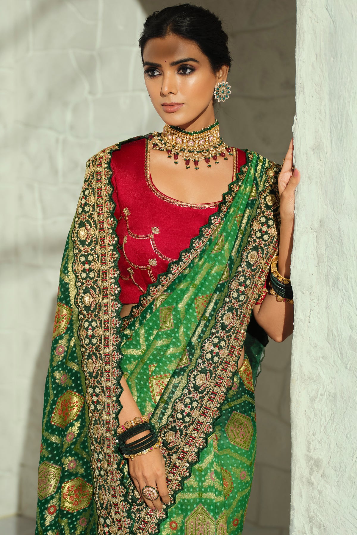 Deep Green Bandhej Pure Georgette Saree with Heavy Handwork Embroidery