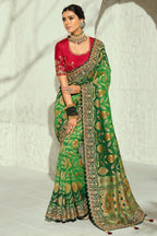Deep Green Bandhej Pure Georgette Saree with Heavy Handwork Embroidery