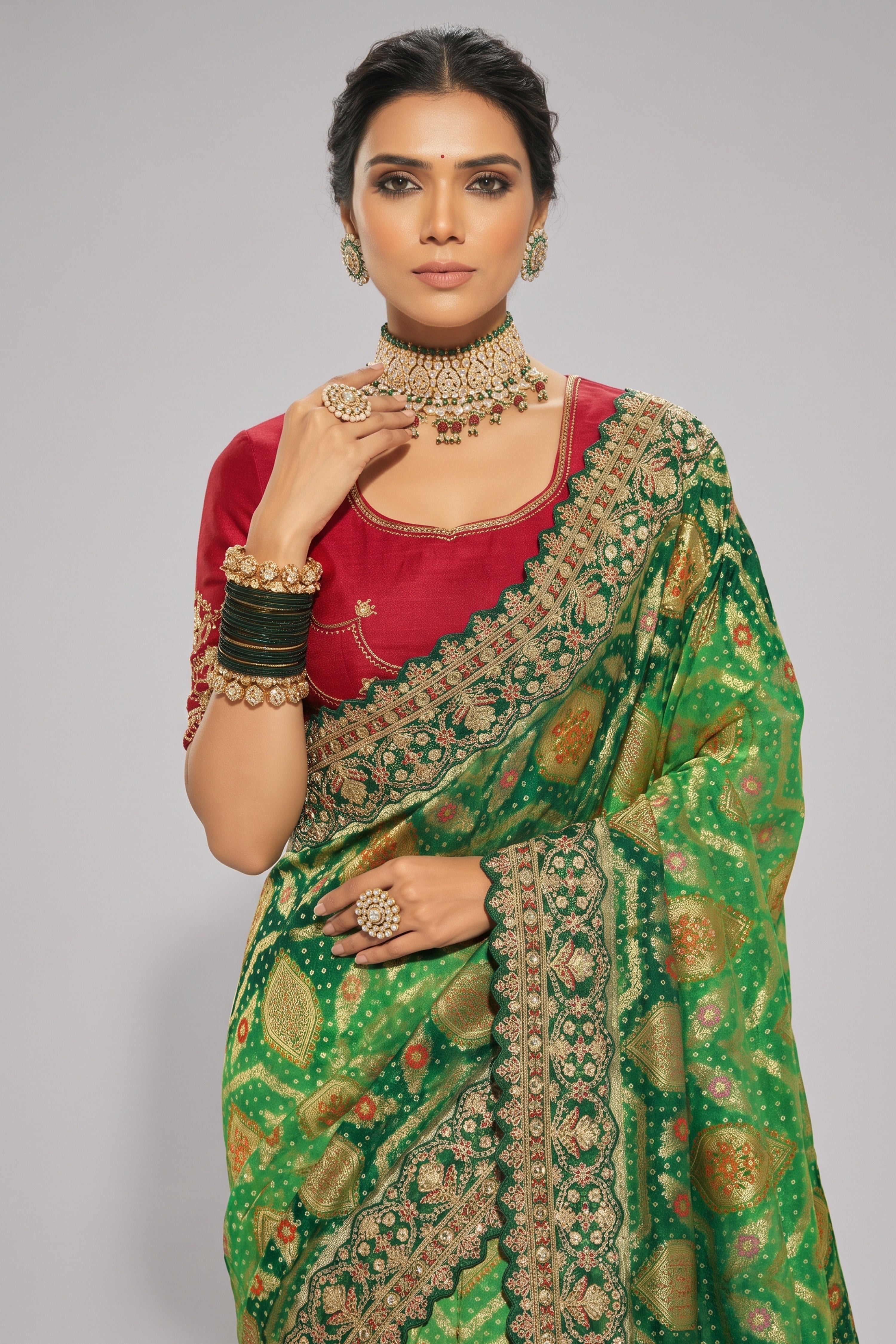 Deep Green Bandhej Pure Georgette Saree with Heavy Handwork Embroidery Secondary image