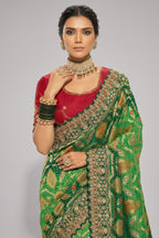 Deep Green Bandhej Pure Georgette Saree with Heavy Handwork Embroidery