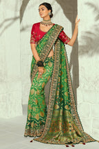 Deep Green Bandhej Pure Georgette Saree with Heavy Handwork Embroidery