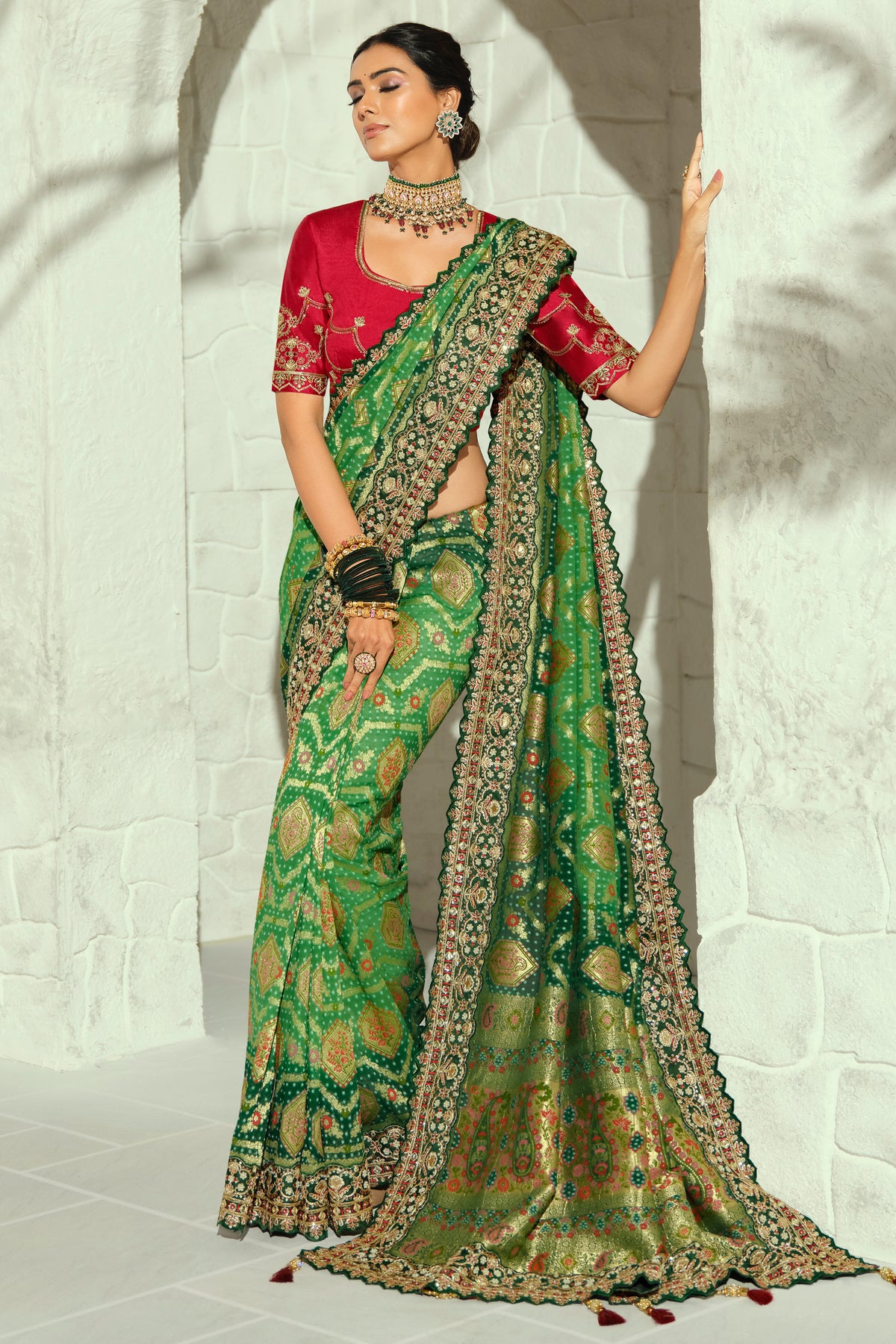 Deep Green Bandhej Pure Georgette Saree with Heavy Handwork Embroidery