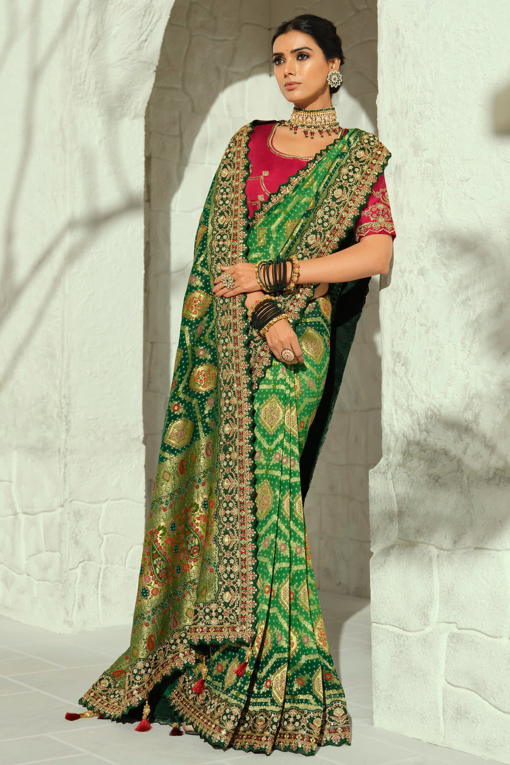 Deep Green Bandhej Pure Georgette Saree with Heavy Handwork Embroidery