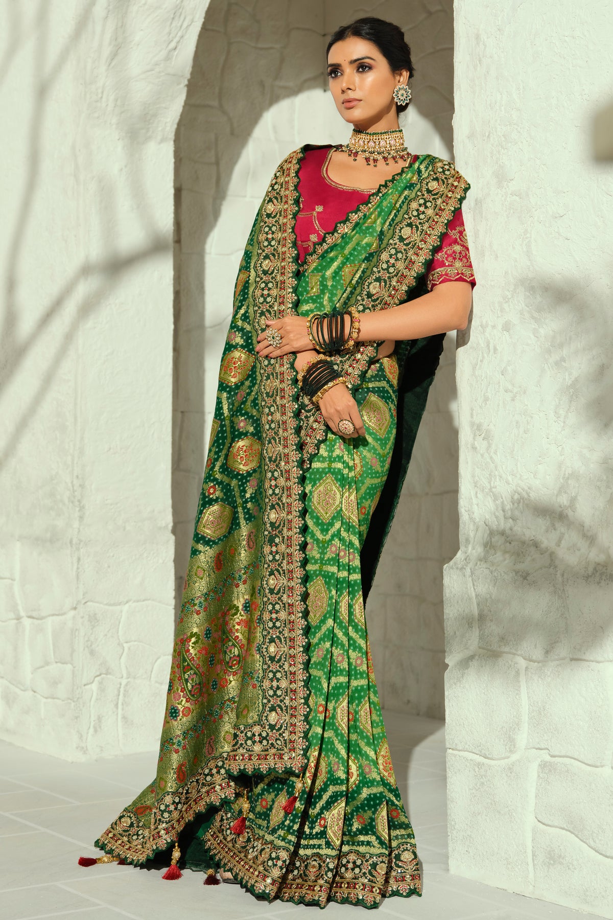 Deep Green Bandhej Pure Georgette Saree with Heavy Handwork Embroidery