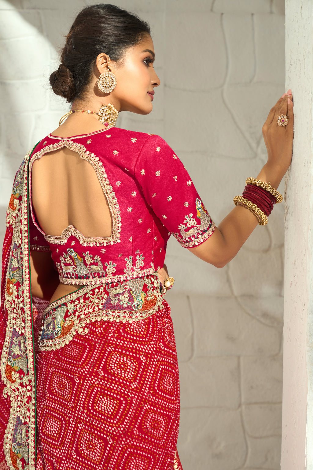 Traditional Red Georgette Bandhej Saree with Heavy Cut-Dana Handwork Border