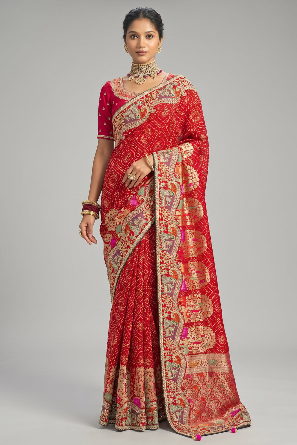 Traditional Red Georgette Bandhej Saree with Heavy Cut-Dana Handwork Border