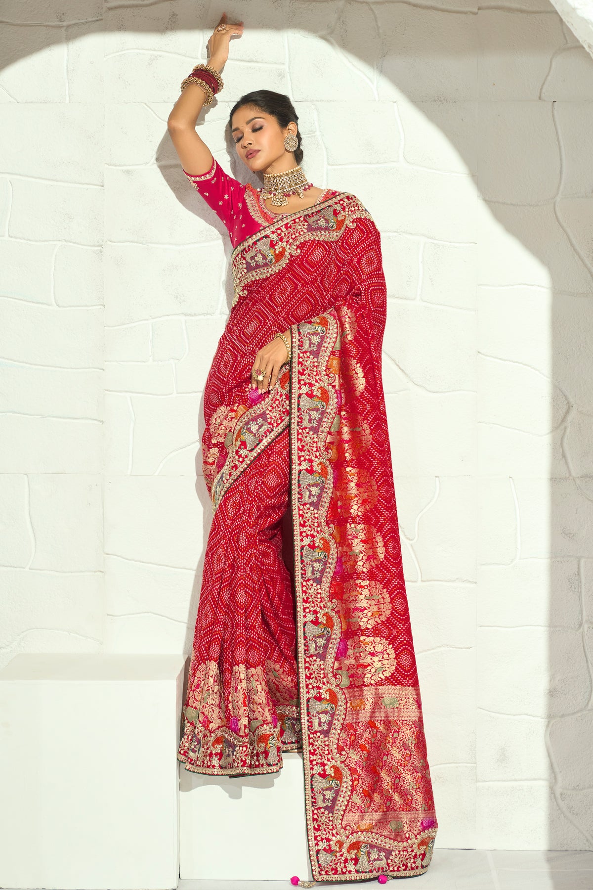 Traditional Red Georgette Bandhej Saree with Heavy Cut-Dana Handwork Border