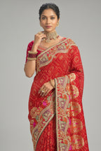 Traditional Red Georgette Bandhej Saree with Heavy Cut-Dana Handwork Border