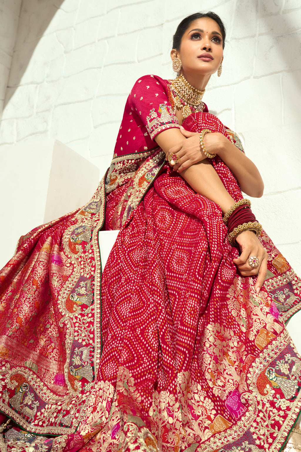 Traditional Red Georgette Bandhej Saree with Heavy Cut-Dana Handwork Border