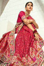 Traditional Red Georgette Bandhej Saree with Heavy Cut-Dana Handwork Border