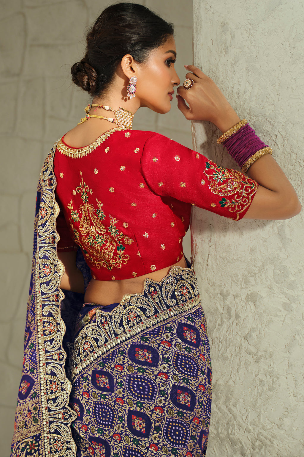 Navy Blue Georgette Bandhej Saree featuring Heavy Handcrafted Border Work