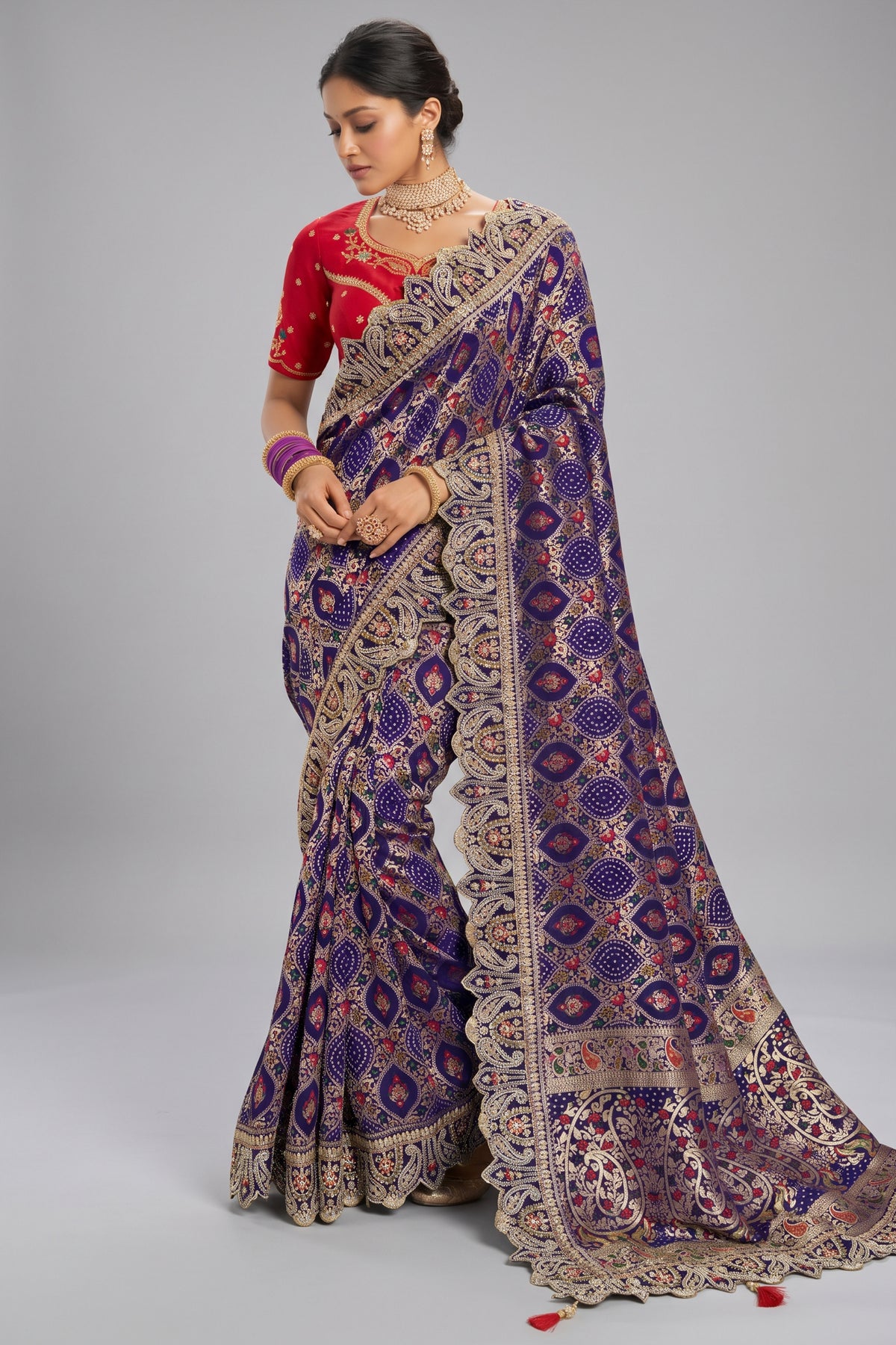 Navy Blue Georgette Bandhej Saree featuring Heavy Handcrafted Border Work Main image