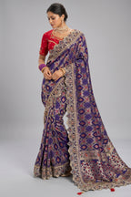 Navy Blue Georgette Bandhej Saree featuring Heavy Handcrafted Border Work