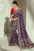 Navy Blue Georgette Bandhej Saree featuring Heavy Handcrafted Border Work
