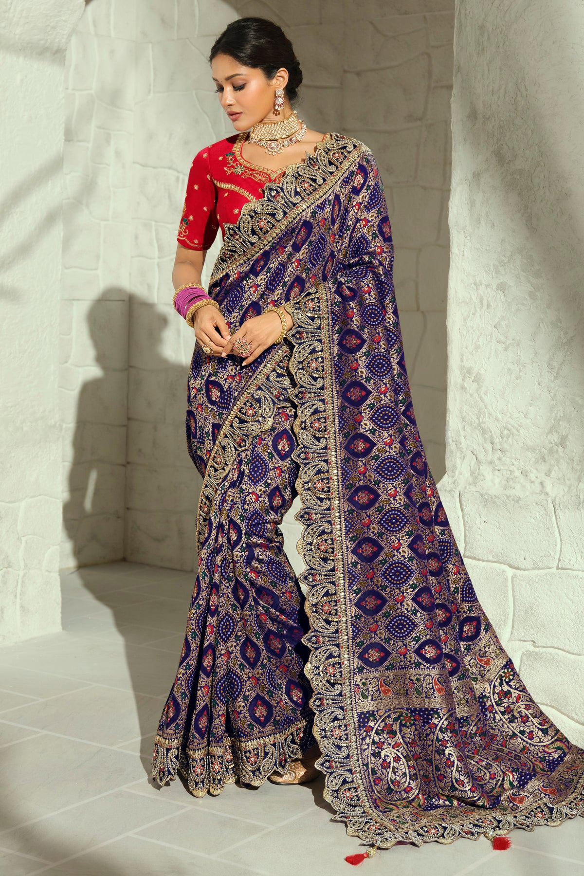 Navy Blue Georgette Bandhej Saree featuring Heavy Handcrafted Border Work