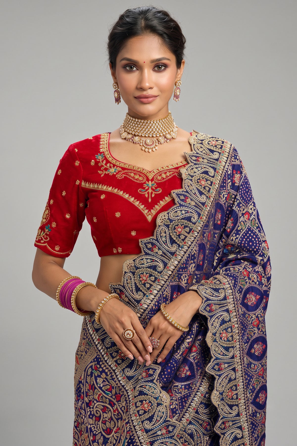 Navy Blue Georgette Bandhej Saree featuring Heavy Handcrafted Border Work
