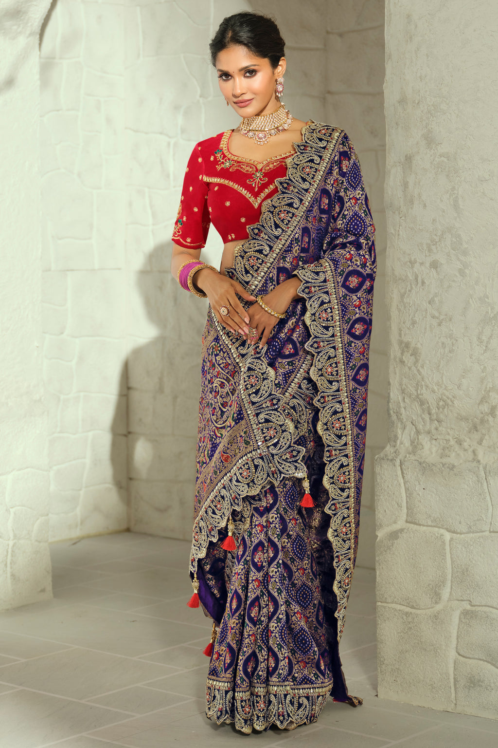 Navy Blue Georgette Bandhej Saree featuring Heavy Handcrafted Border Work