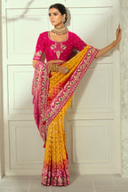 Sunburst Yellow & Pink Dual-Tone Pure Georgette Bandhej Saree with Embroidered Border