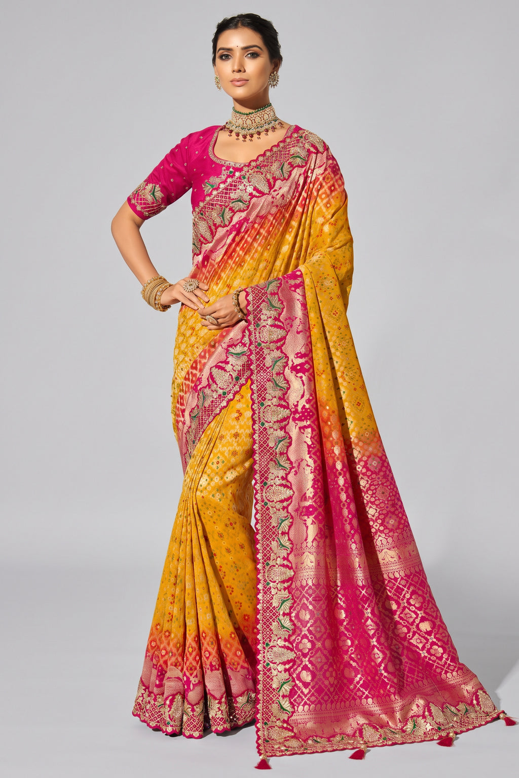 Sunburst Yellow & Pink Dual-Tone Pure Georgette Bandhej Saree with Embroidered Border