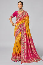 Sunburst Yellow & Pink Dual-Tone Pure Georgette Bandhej Saree with Embroidered Border