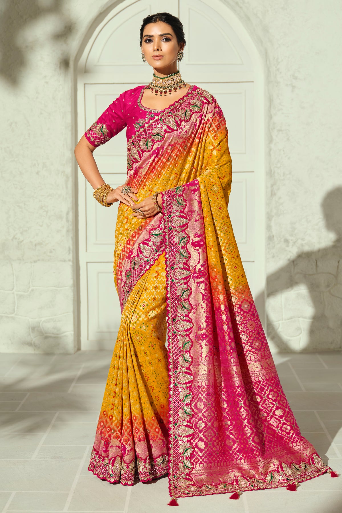 Sunburst Yellow & Pink Dual-Tone Pure Georgette Bandhej Saree with Embroidered Border