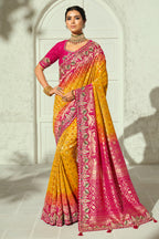 Sunburst Yellow & Pink Dual-Tone Pure Georgette Bandhej Saree with Embroidered Border
