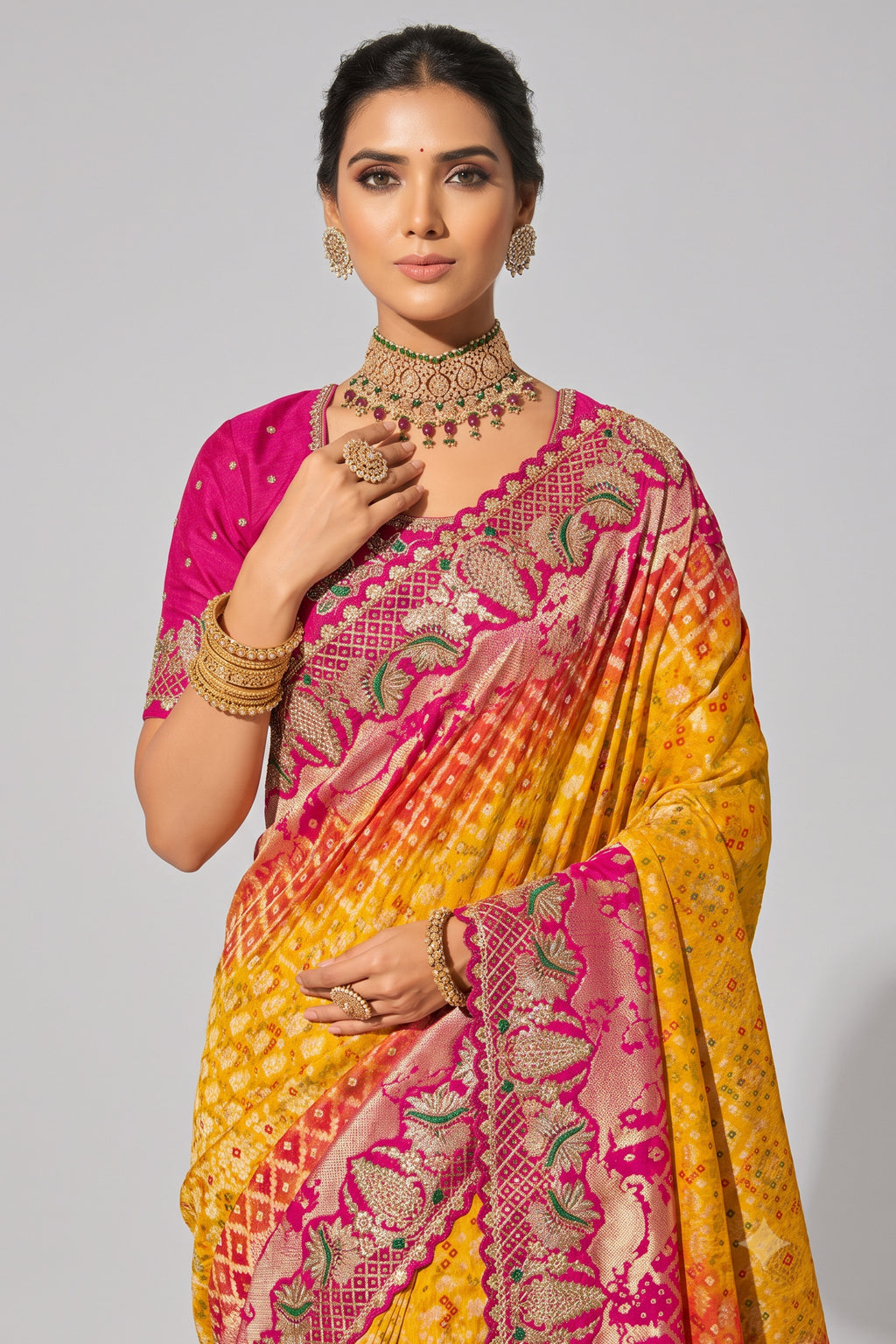 Sunburst Yellow & Pink Dual-Tone Pure Georgette Bandhej Saree with Embroidered Border