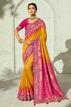 Sunburst Yellow & Pink Dual-Tone Pure Georgette Bandhej Saree with Embroidered Border