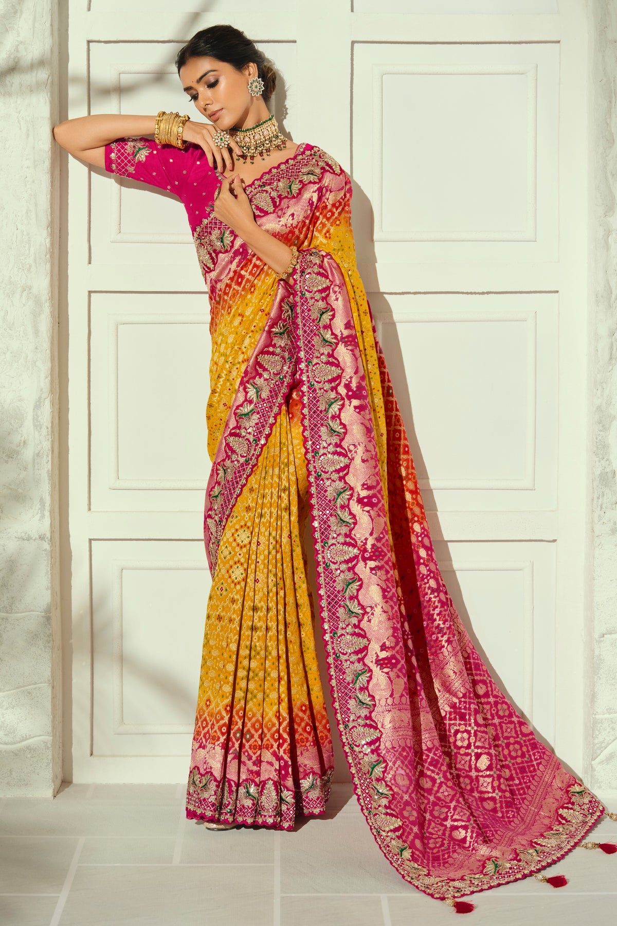 Sunburst Yellow & Pink Dual-Tone Pure Georgette Bandhej Saree with Embroidered Border