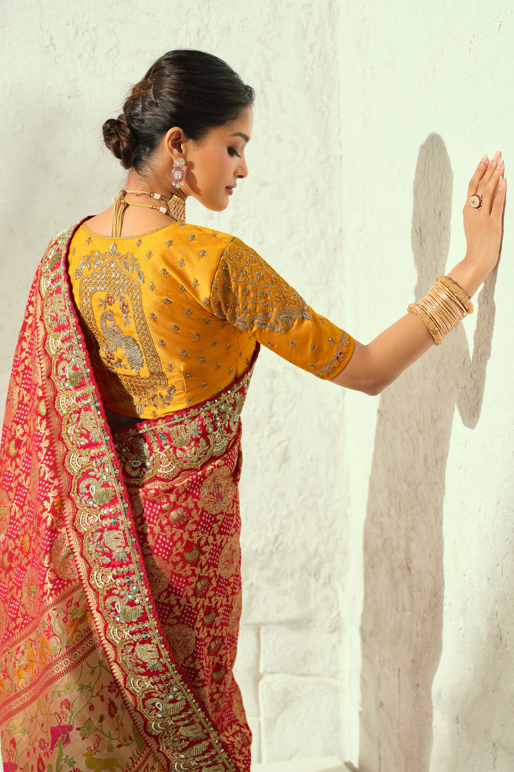 Soft Peach Coral Pure Georgette Bandhej Saree with Heavy Handwork Border