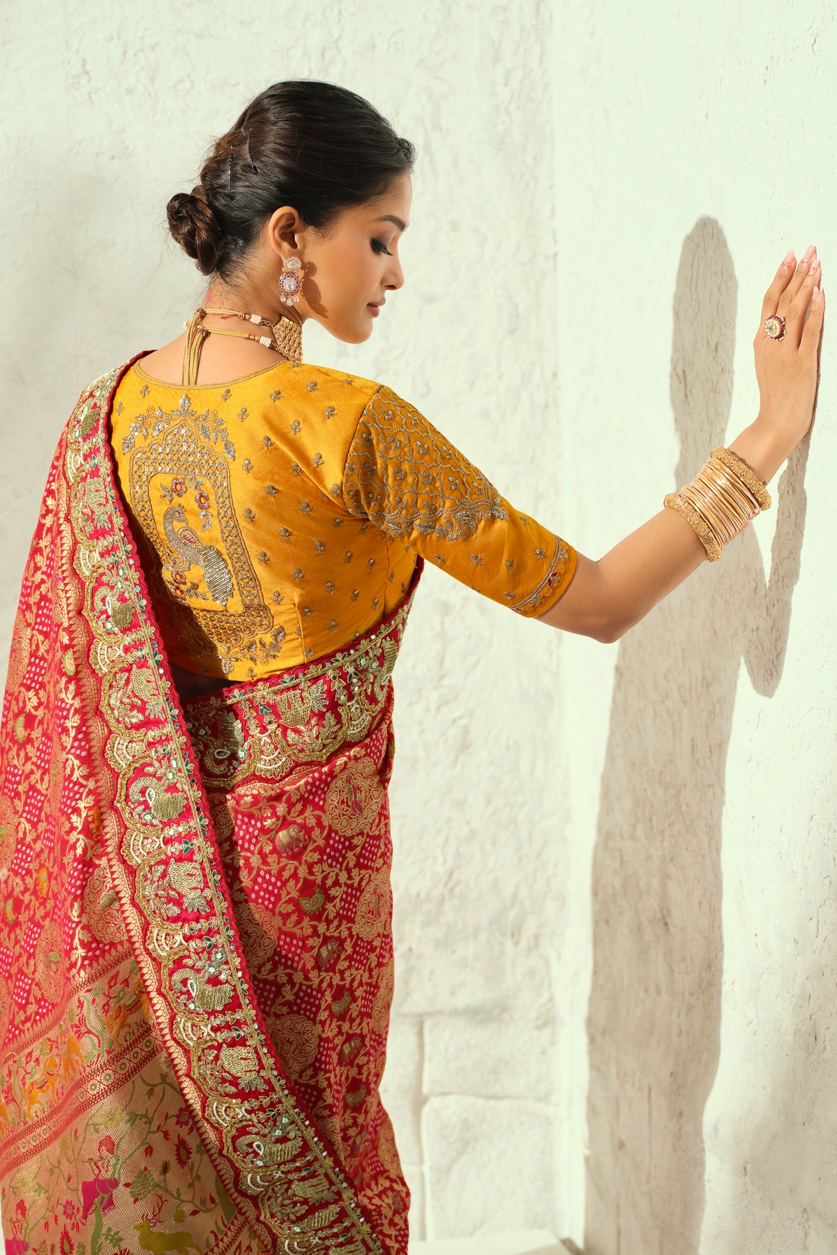 Soft Peach Coral Pure Georgette Bandhej Saree with Heavy Handwork Border